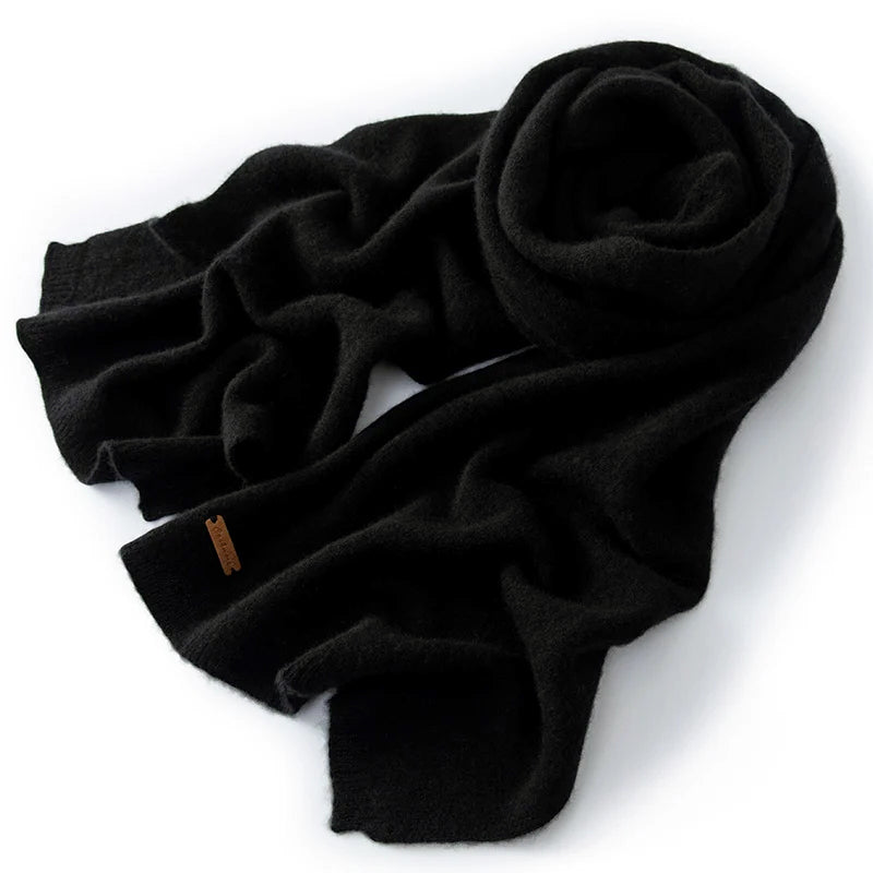 Women's classic cashmere winter scarf in beige neutral tones, smooth dense knit, generous length