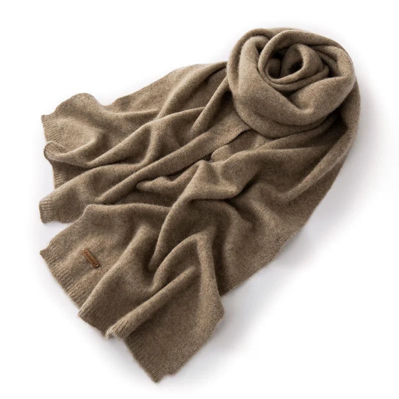 Women's pure cashmere winter scarf in beige, smooth dense knit with generous draping length