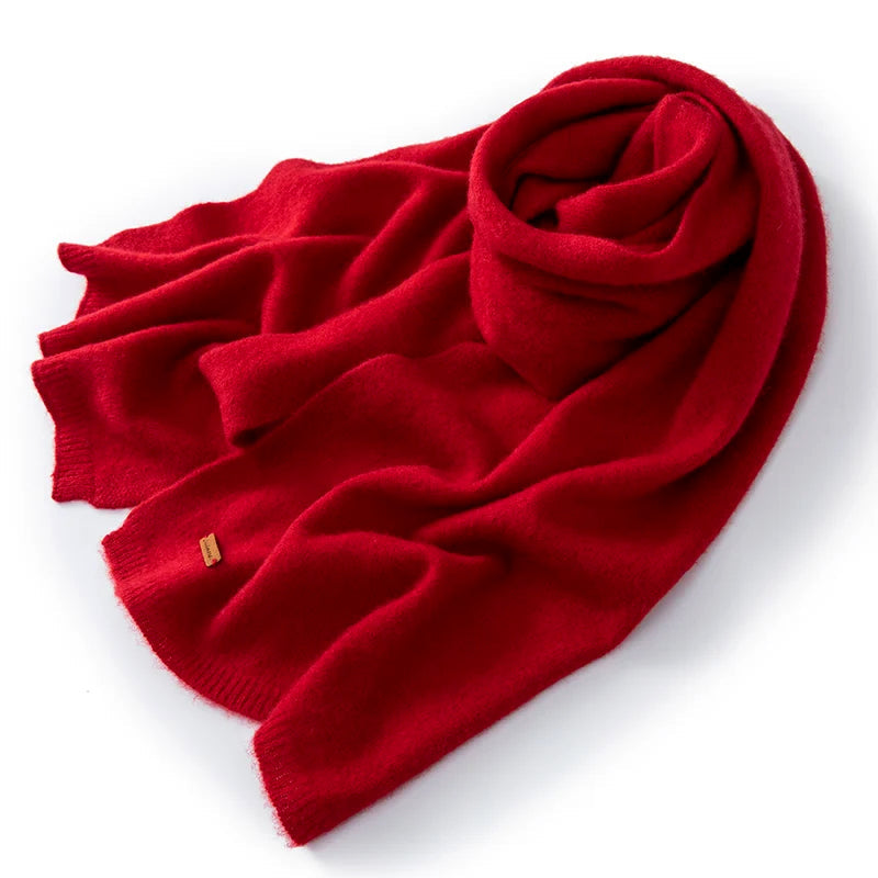 Women's pure cashmere winter scarf in neutral tones, smooth dense knit, generous length for versatile styling