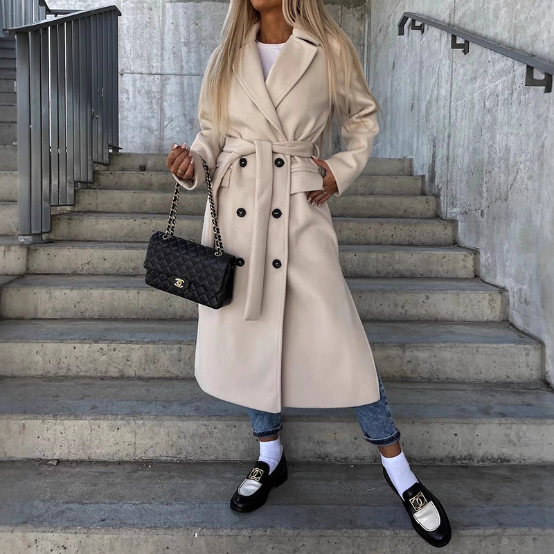 Women's chic double-breasted long coat straight cut classic lapel collar below-the-knee length