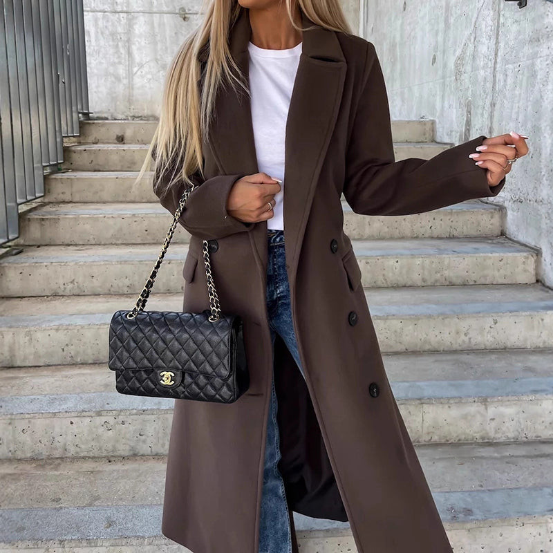 Women's chic double-breasted long coat with lapel collar, straight cut, below-knee length with pockets