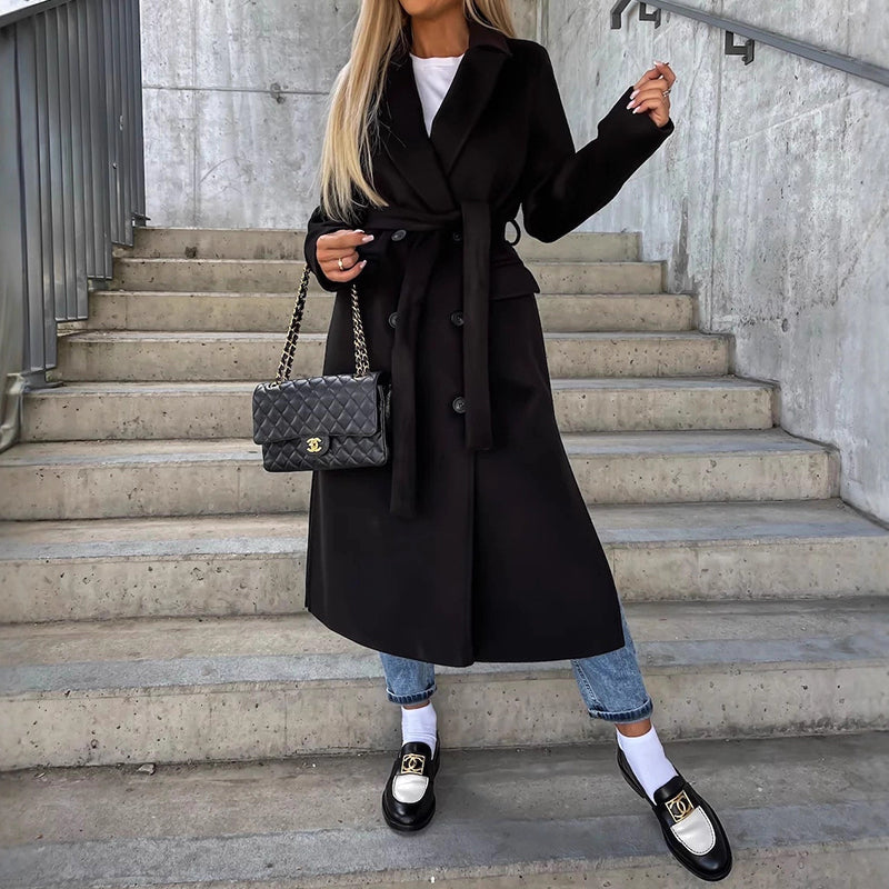 Women's chic double-breasted long coat with lapel collar, straight cut, below-knee length with pockets