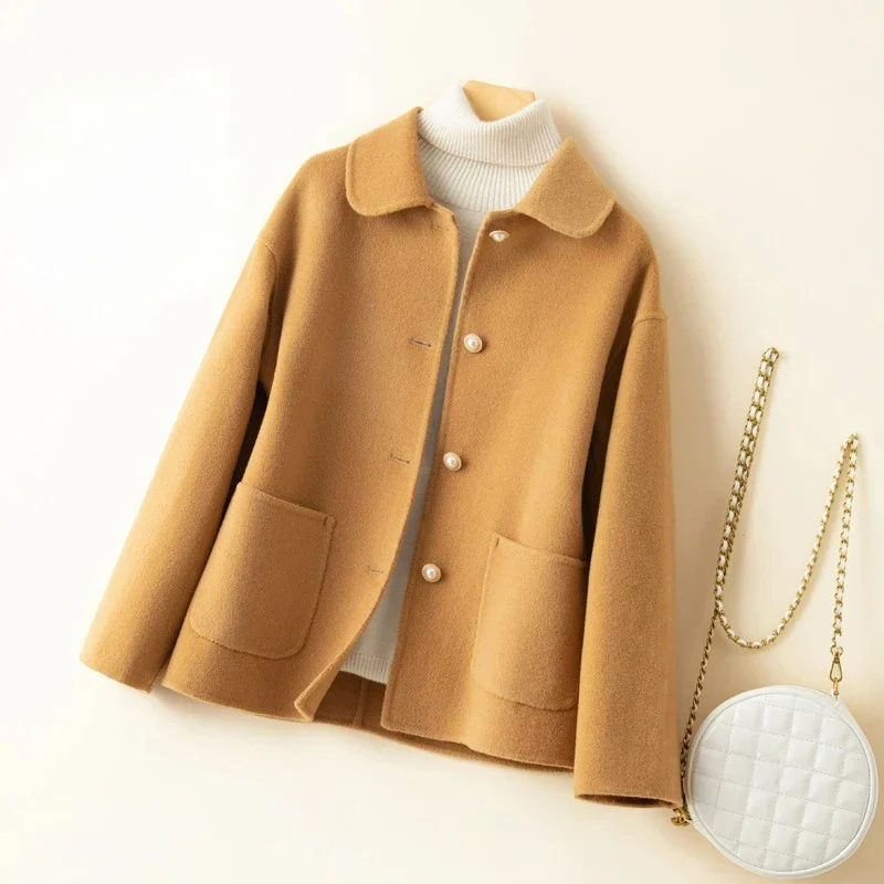 Womens double-sided wool coat rounded collar hip-length elegant button closure outerwear
