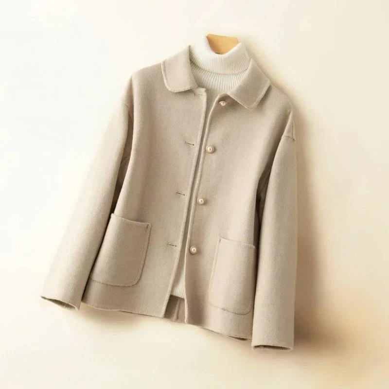 Women's double-sided wool coat rounded collar hip-length elegant button closure outerwear