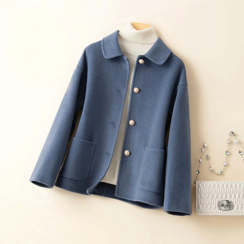 Women's double-sided wool coat rounded collar hip-length elegant outerwear with button closure