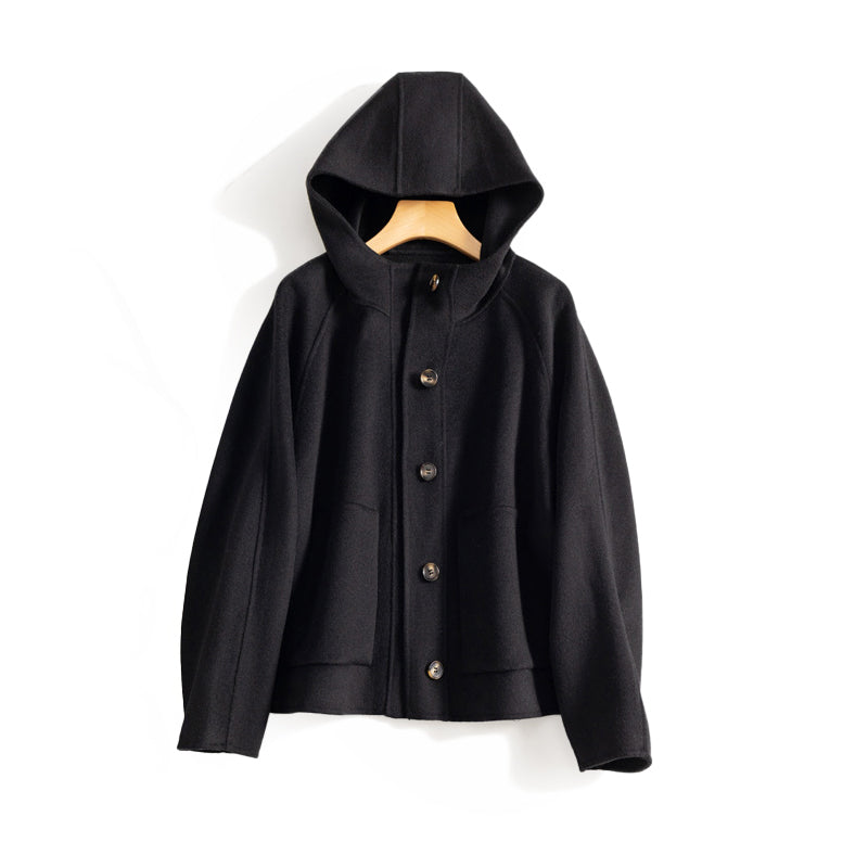 Women's hip-length double-sided wool hooded coat with button front, elegant timeless silhouette