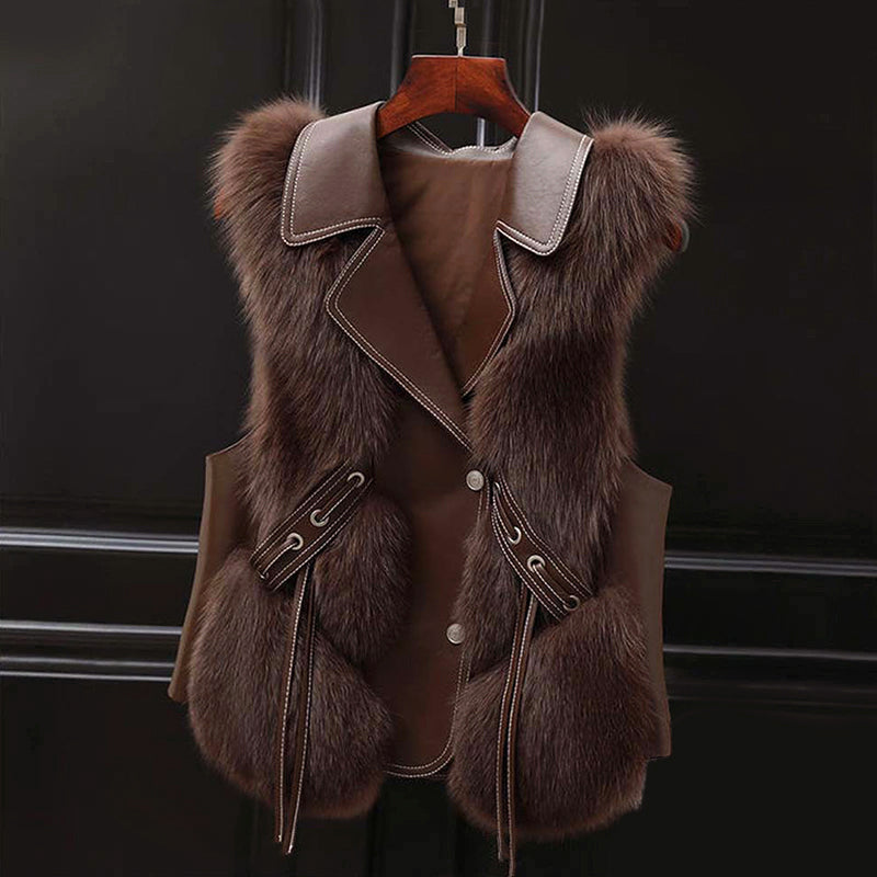 Women's white faux fur vest with wide lapel collar, adjustable waist tie, hip-length regular fit
