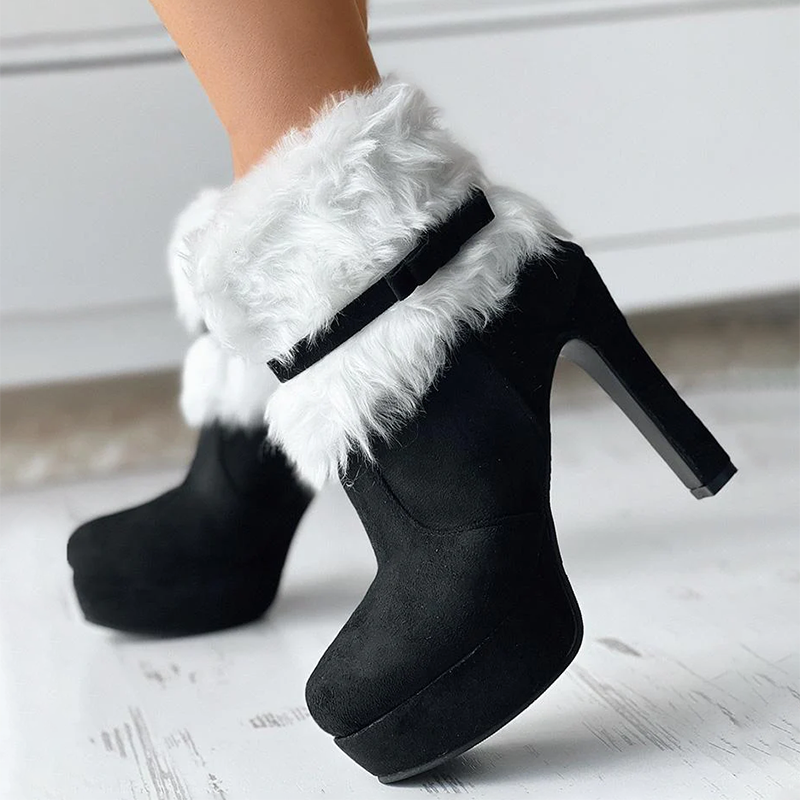 Women's festive ankle boots black PU suede high heel with plush faux-fur collar and bow accent