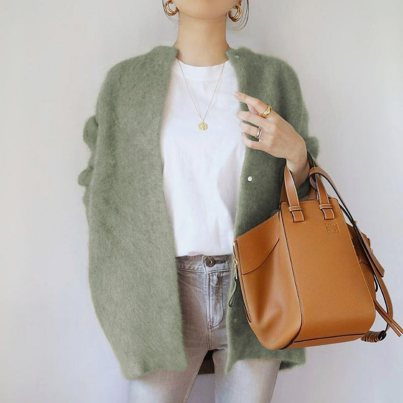 Women's beige fuzzy knit open-front cardigan relaxed hip-length fit long sleeves cozy sweater