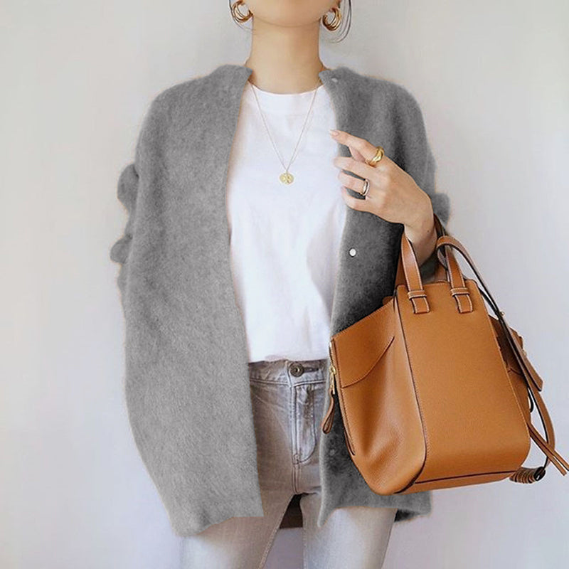 Women's fuzzy knit open-front cardigan relaxed fit hip-length sweater in beige cozy layering style
