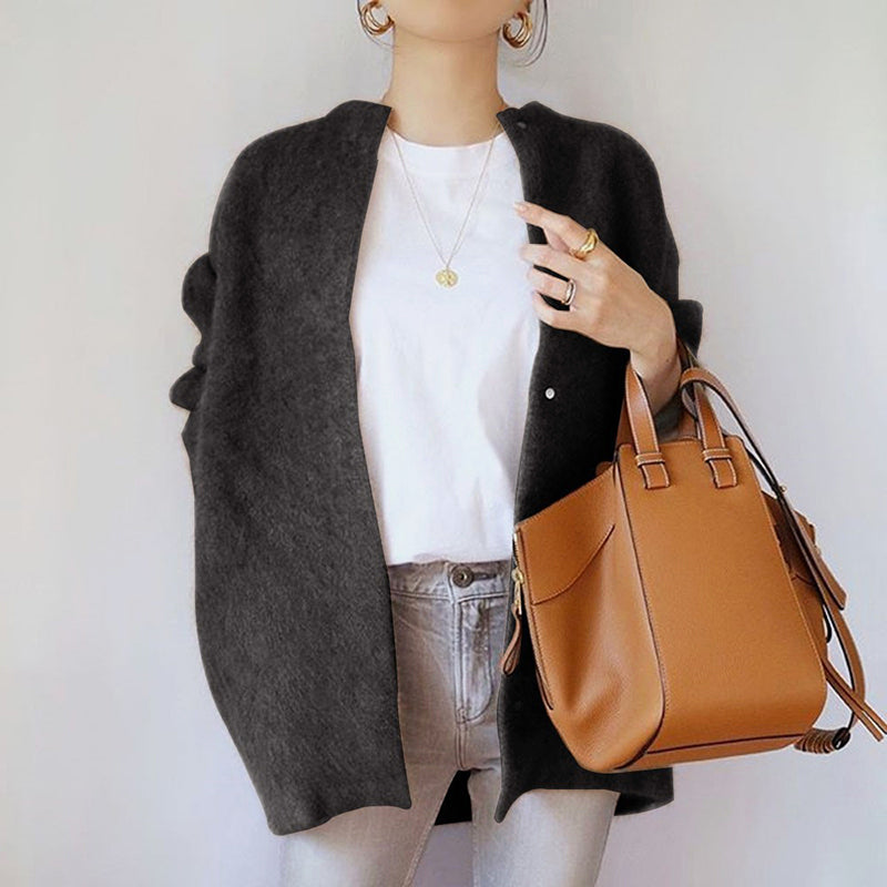 Women's fuzzy knit open-front cardigan relaxed fit hip-length long sleeve sweater in beige