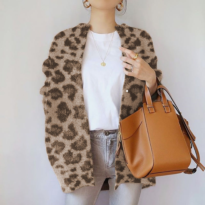 Women's fuzzy knit open-front cardigan relaxed fit hip-length sweater in beige polyester-wool blend