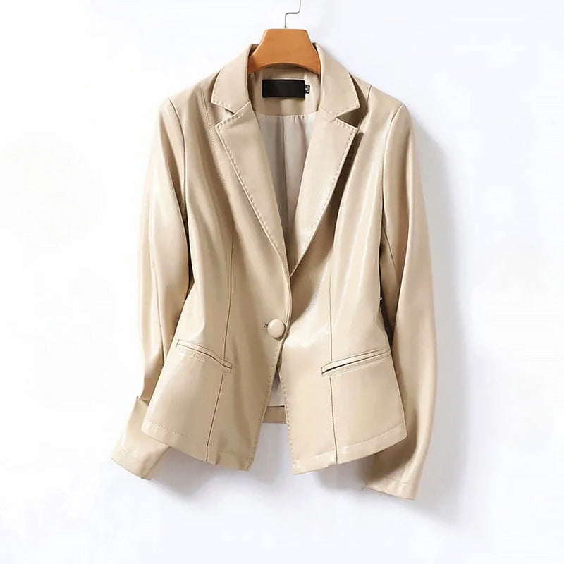 Women's black vegan leather blazer one-button tailored hip-length notched lapel day-to-night jacket