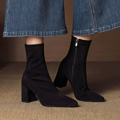 Women's genuine suede ankle boots, pointed toe, block heel, side zipper, sleek silhouette