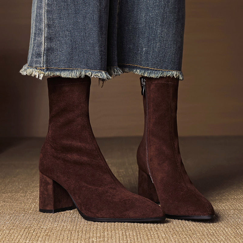 Women's genuine suede ankle boots, pointed toe block heel, side zipper, sleek autumn style