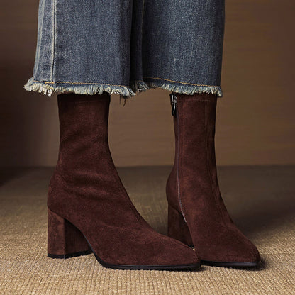 Women's genuine suede ankle boots, pointed toe block heel, side zipper, sleek autumn style