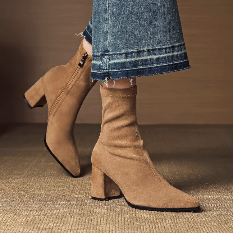 Women's genuine suede ankle boots, pointed toe, block heel, side zipper, sleek close-fitting silhouette