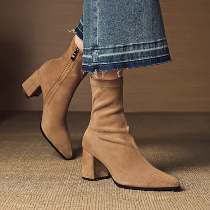 Women's genuine suede ankle boots, pointed toe, block heel, side zipper, sleek close-fitting silhouette