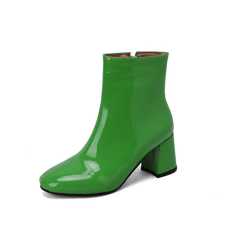 Women's glossy black PU leather ankle boots with chunky block heel and sleek high-shine finish