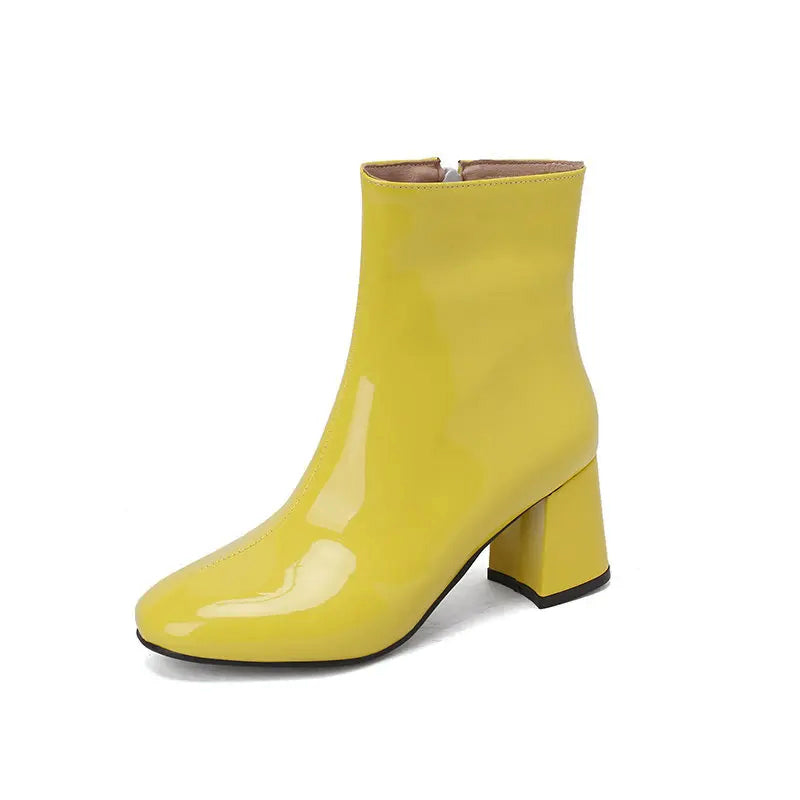 Women's black glossy PU leather ankle boots with block heel and sleek high-shine finish