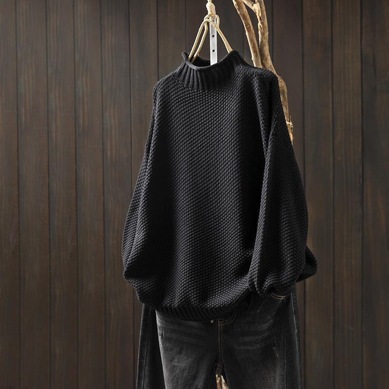 Women's textured knit high neck relaxed fit wool blend sweater with ribbed hem and sleeves