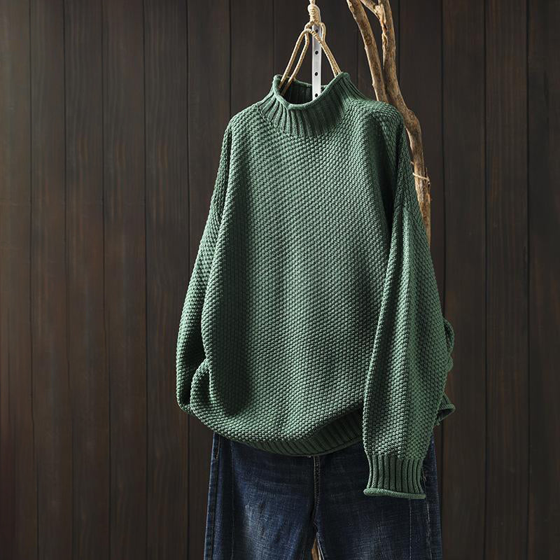 Women's textured knit high neck relaxed fit wool blend sweater with ribbed hem and sleeves
