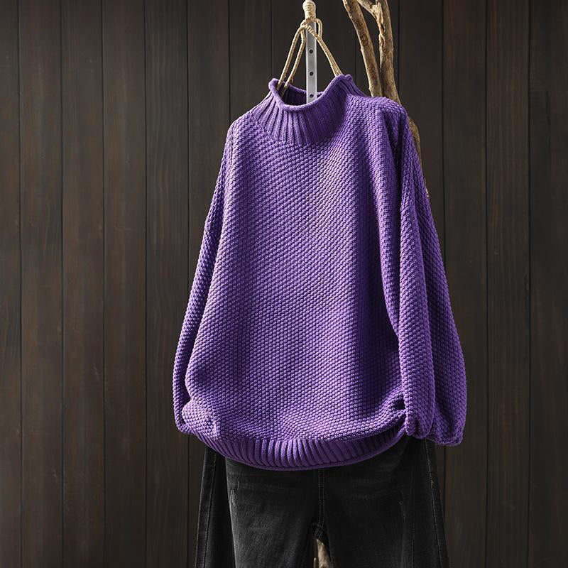 Women's textured knit high neck relaxed fit wool blend sweater with ribbed hem and cuffs