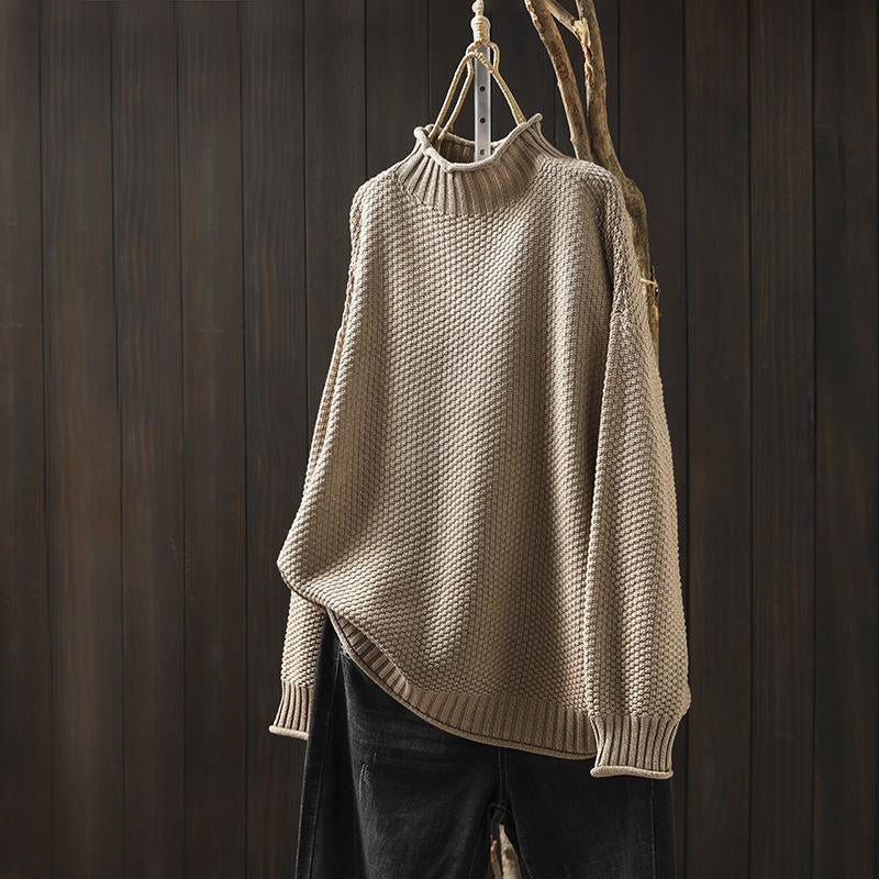 Women's textured knit high neck relaxed fit wool blend sweater with ribbed hem and sleeves