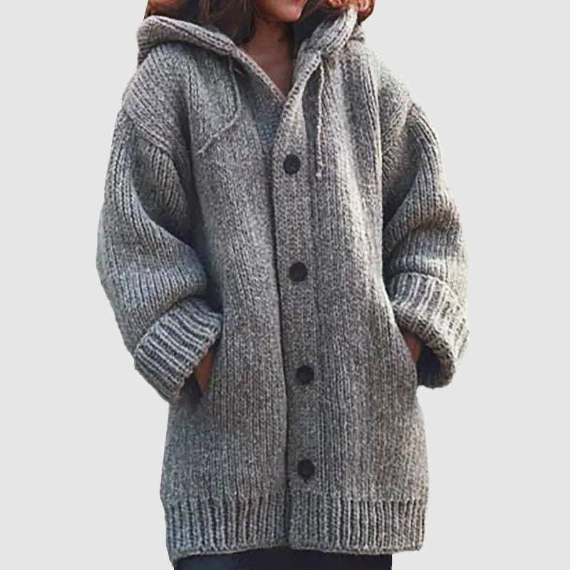 Women's beige oversized hooded chunky knit cardigan with relaxed drape and mid-thigh cozy winter length
