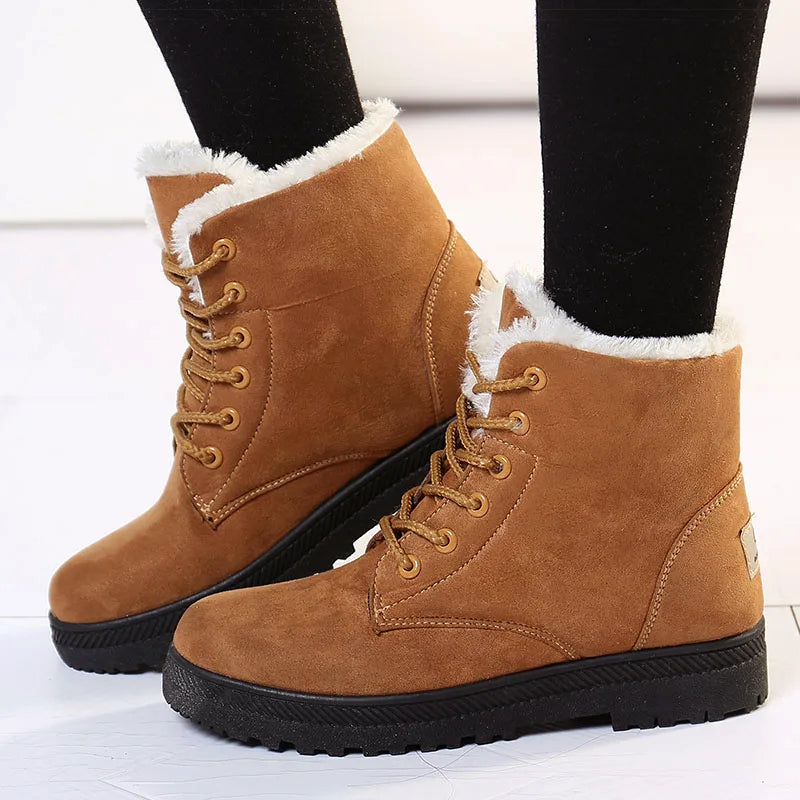 Women's black lace-up ankle boots with faux-fur lining and rugged winter outsole
