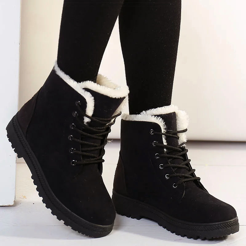 Women's brown lace-up ankle boots in PU suede with cozy faux-fur lining and rugged winter outsole