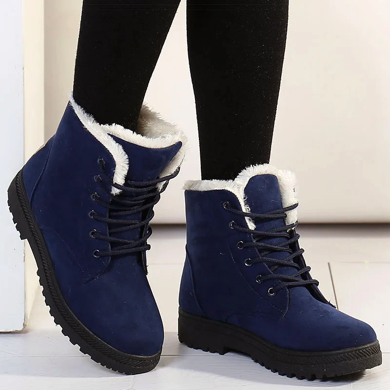 Women's black lace-up ankle boots PU suede faux-fur lined rugged outsole winter style