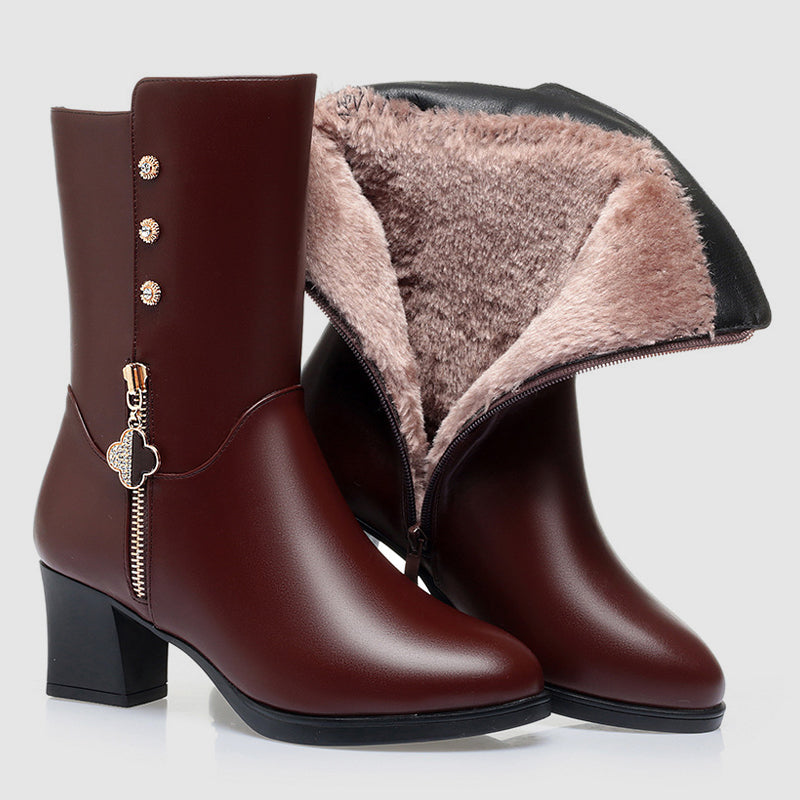 Women's black mid-calf PU leather boots with warm plush lining, polished silhouette for cold weather
