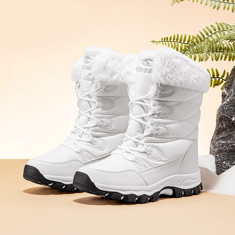 Women's mid-calf winter boots with fur lining, waterproof upper, and deep-tread grip sole
