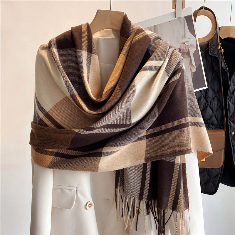 Women's plaid knit scarf, cashmere-inspired texture, tassel edges, classic refined drape