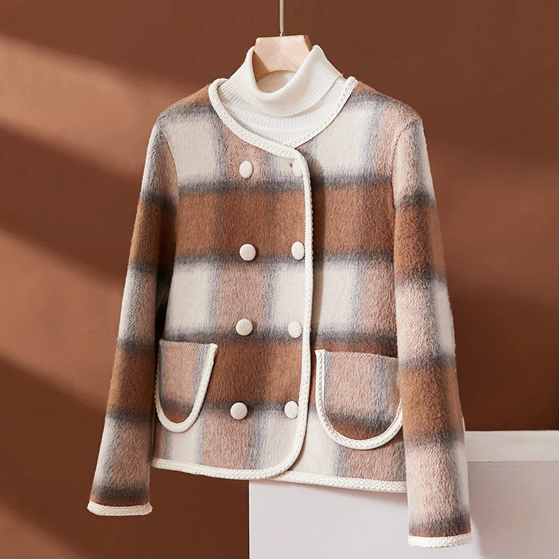 Women's short plaid wool blend jacket with contrast trim detailing and button front closure