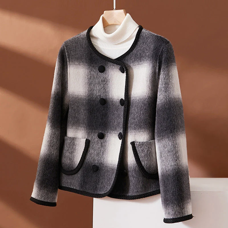 Women's short plaid wool blend jacket with contrast trim detailing and button front closure