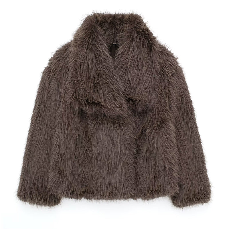Women's short faux fur coat with oversized collar, luxurious texture, relaxed feminine silhouette