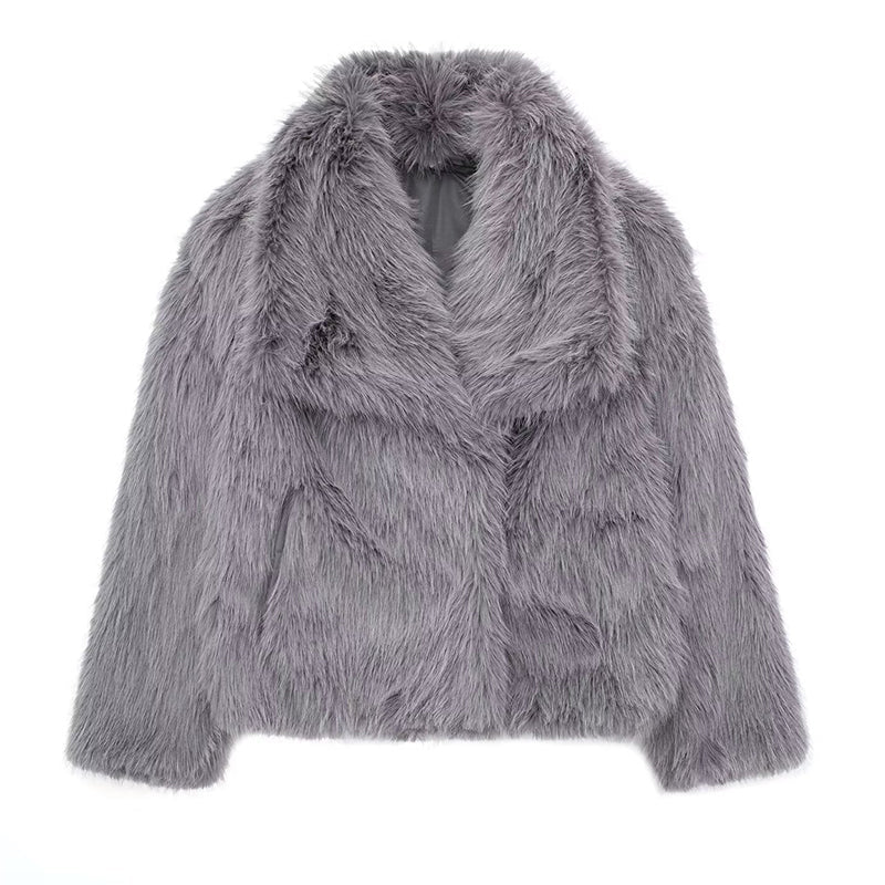 Women's short faux fur coat with oversized collar, luxurious texture, relaxed feminine silhouette