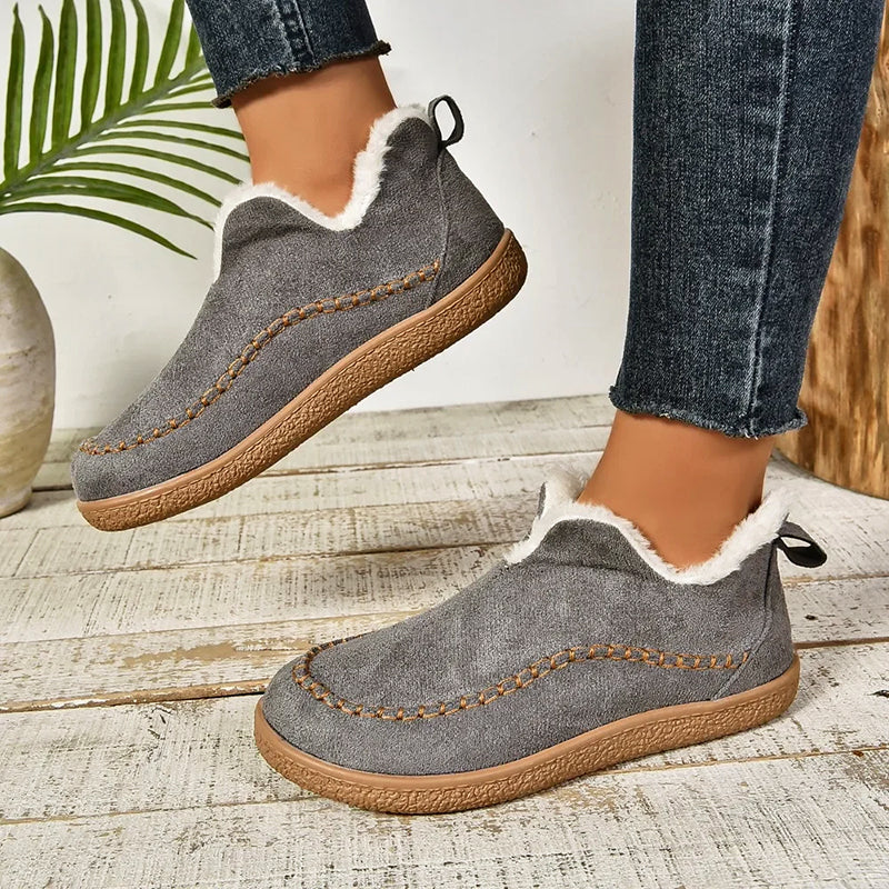 Women's slip-on faux suede boots with plush lining, casual winter style in neutral tone