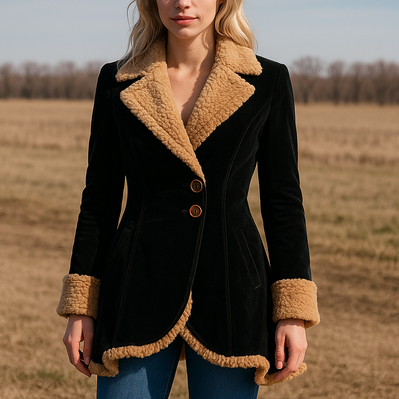 Women's tailored faux suede coat with plush faux fur trim, fitted waist, and wide lapel collar