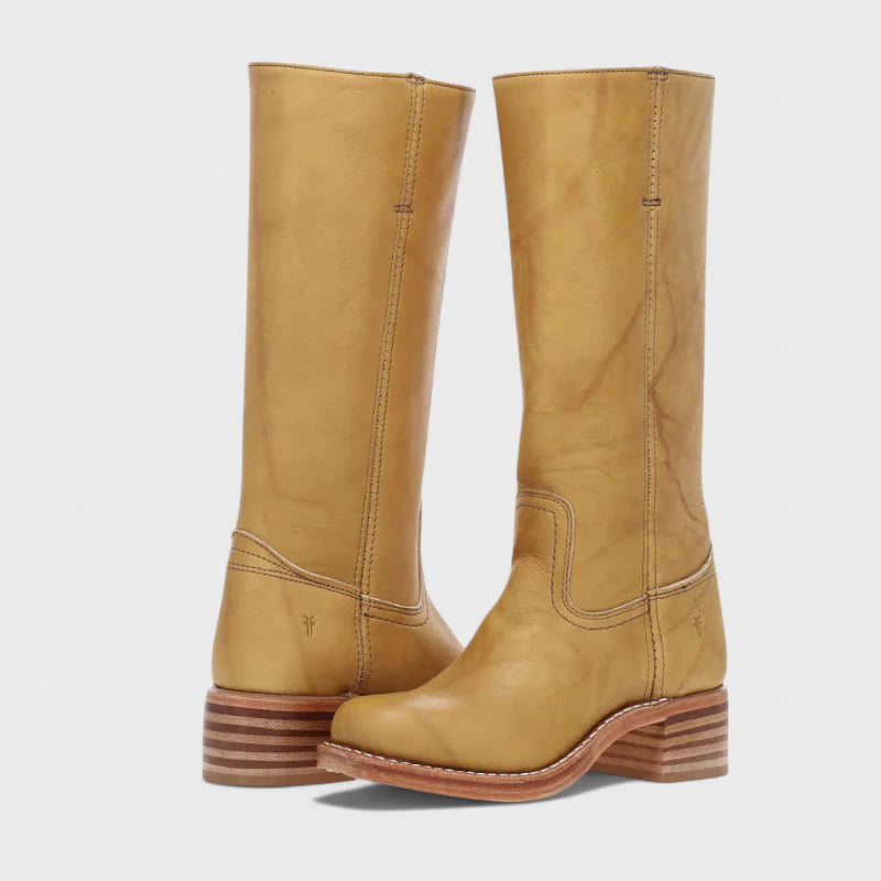 Women's tall knee-high western cowgirl boots in brown with square toe and pull-on design