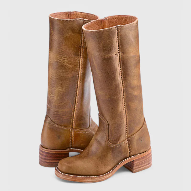 Women's tall knee-high western cowgirl boots in brown with square toe and pull-on shaft