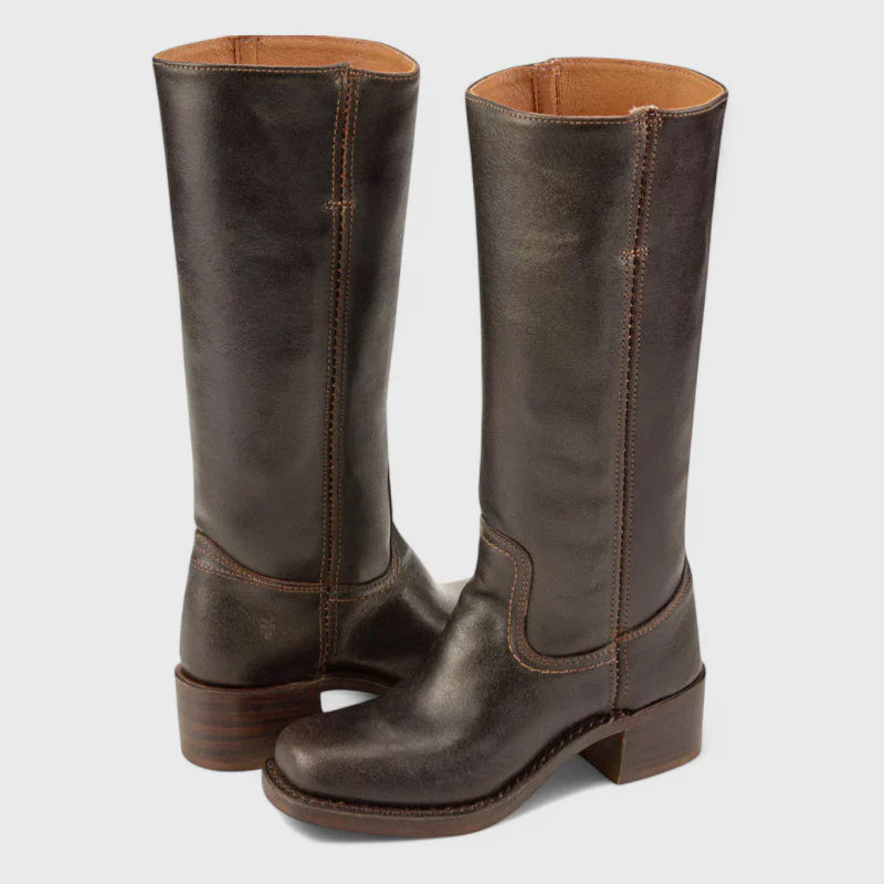 Women's tall knee-high western cowgirl boots in brown with square toe and pull-on shaft