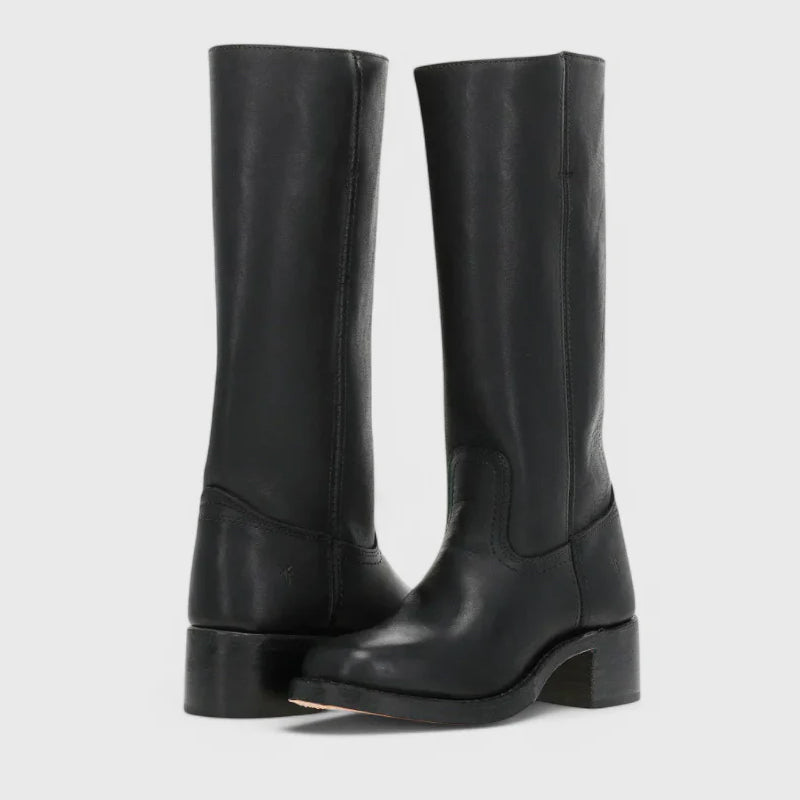 Women's tall knee-high western cowgirl boots in brown with square toe and pull-on shaft
