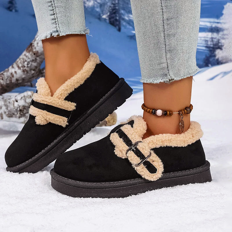 Women's brown suede slip-on shoes with sherpa faux fur lining for warm winter comfort