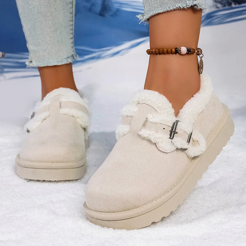 Women's brown suede slip-on shoes with warm sherpa faux fur lining for winter comfort