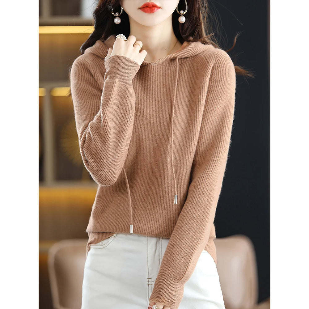 Women's hooded cashmere wool knit sweater, relaxed cozy silhouette with soft luxurious blend