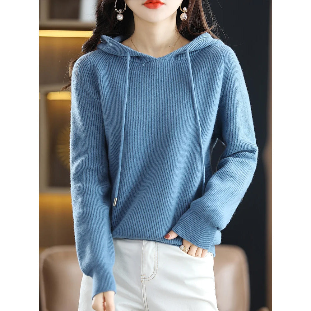 Women's hooded cashmere wool knit sweater in cozy relaxed fit with luxurious soft blend fabric