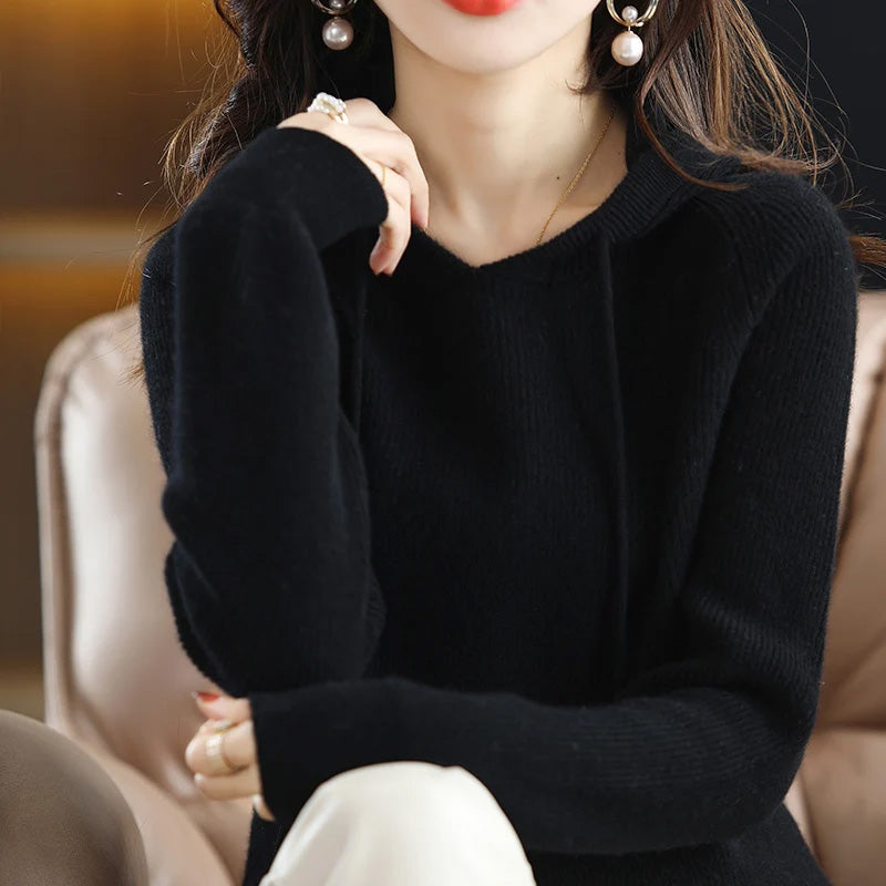 Women's hooded cashmere wool knit sweater, relaxed cozy fit with soft luxurious blend